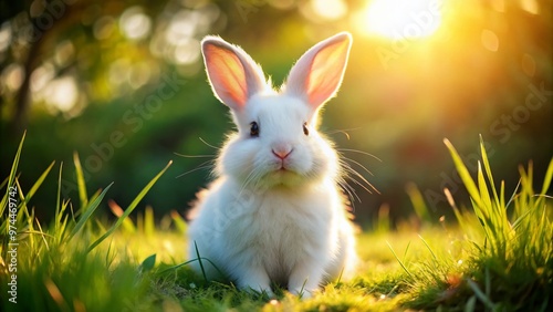 Adorable fluffy white bunny rabbit with bright brown eyes and twitching whiskers sits on soft green grass, highlighted by warm sunlight and subtle shadows. photo