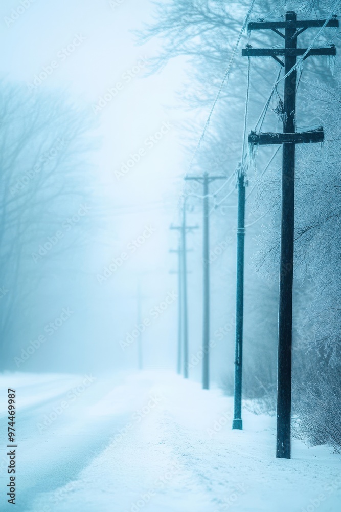 A snowy rural road with fog obscuring the background and telephone poles lined along the side, suitable for themes of winter, solitude, and rural life, A snowy rural road with fog obscuring the background and telephone poles lined along the side, suitable for themes of winter, solitude, and rural life,