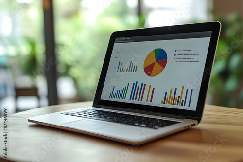 Photo laptop is displayed on a wooden table, showcasing charts and graphs related to analysis, business accounting, and statistics concepts.