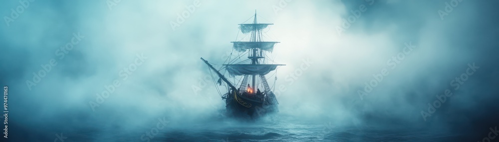 Fototapeta premium A majestic old ship sails through a thick fog over a turbulent sea, creating a mysterious and adventurous atmosphere perfect for themes of exploration, mystery, history, and nautical journeys,
