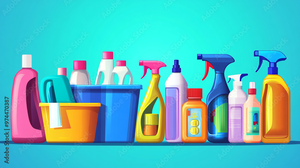 Colorful array of cleaning supplies on a vibrant background during Breast Cancer Awareness Month Colorful array of cleaning supplies on a vibrant background during Breast Cancer Awareness Month