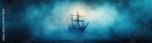 A ghostly ship emerges from a dense, eerie fog on a calm ocean, evoking a sense of mystery and adventure useful for themes like maritime history, fantasy, or Halloween,