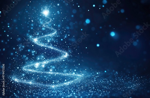 Christmas tree with snowflakes on a blue background, glowing Christmas lights in the shape of a star and spiral for a new year card or banner design. Christmas illustration with copy space