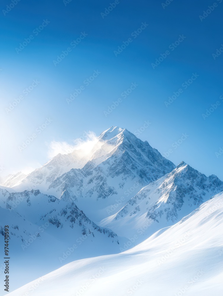 A majestic snow-covered mountain peak under a clear blue sky, ideal for use in travel brochures, adventure guides, and inspirational posters, A majestic snow-covered mountain peak under a clear blue sky, ideal for use in travel brochures, adventure guides, and inspirational posters,