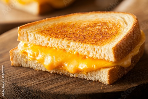 Grilled cheese sandwich with melted cheddar cheese, presented on a rustic wooden board, overhead view composition, professional food photography. photo