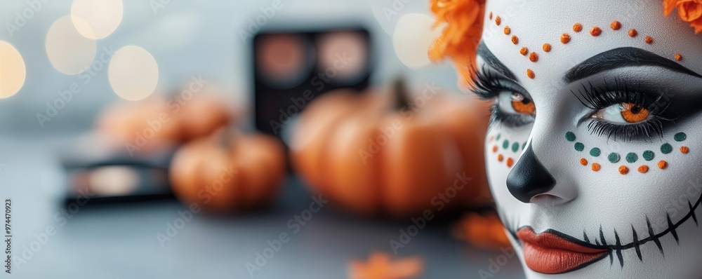 Naklejka premium Closeup of a model s detailed Halloween makeup, with a cosmetic set in the background, Detailed Halloween Art, showcasing the fine details