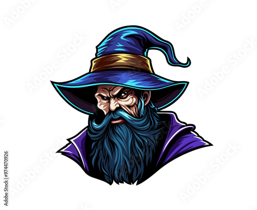 Ai generated, ai generative wizard, sorcerer or mage character mascot. Cartoon bearded magical and enchanting warlock personage wear hat and robe, represents a team or brand with a wonder and whimsy