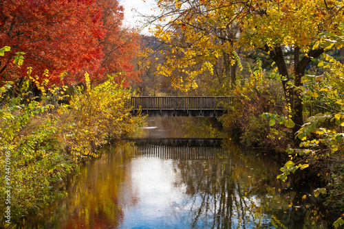 Nature landscape of river surrounded by color fall foliage trees with autumn leaves and footbridge photo