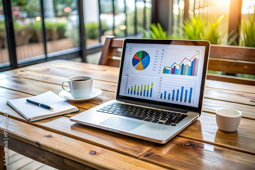 Photo laptop is displayed on a wooden table, showcasing charts and graphs related to analysis, business accounting, and statistics concepts. photo