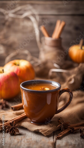 A cozy autumnal setting featuring a steaming mug of what appears to be apple cider, surrounded by fresh apples, cinnamon sticks, and pumpkins on a rustic wooden table. The warm tones and arrangement e photo