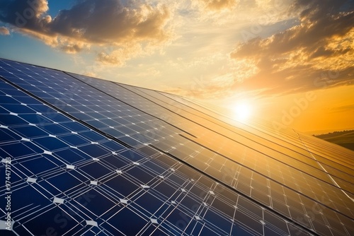 a photo for green energy with solar pannels and wind turbines