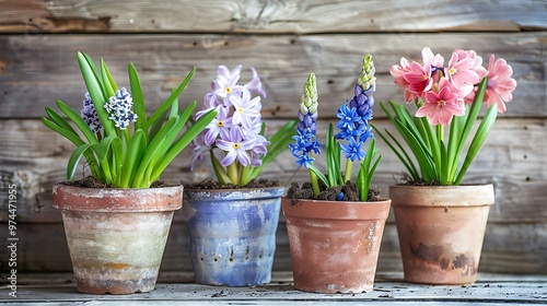 Spring gardening concept flowerpots with primroses and hyacinth on wooden rustic background photo