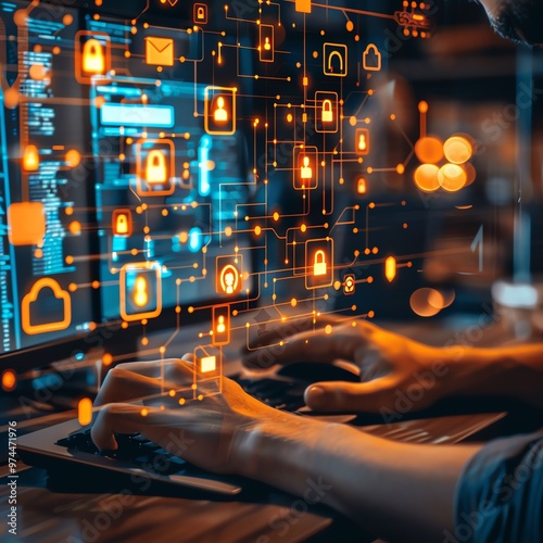 Person typing on a keyboard with futuristic digital icons, representing cybersecurity and data protection in a high-tech environment.
