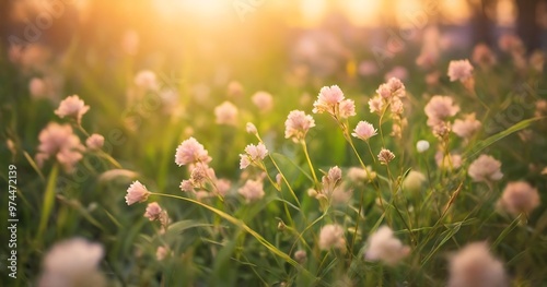 Soft focus of grass flowers wit h sunset light, peaceful and relax natural beauty, spring Easter wild flowers background concept.