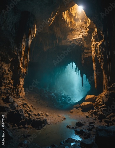 Ancient cave entrance with stalactites and stalagmites