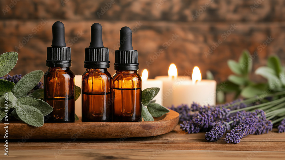 Relaxing Spa Atmosphere with Lavender Sprigs, Essential Oils, and Candles Relaxing Spa Atmosphere with Lavender Sprigs, Essential Oils, and Candles