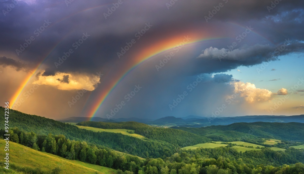 Obraz premium Cloudy sky with rainbow over the hills