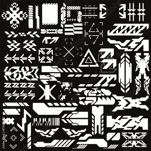 cyberpunk y2k 2000s gaming futuristic icon pattern  set collection template hud for branding fashion t-shirt decoration decals, 2d illustration rendering vector 