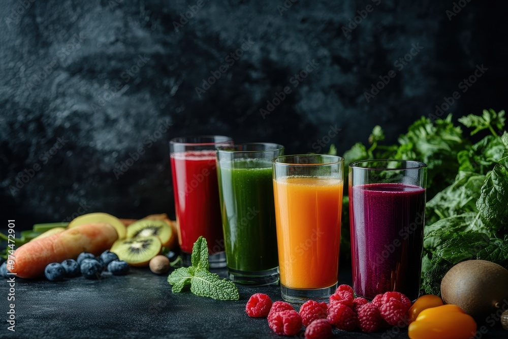 A colorful display of fresh juices with fruits and vegetables on a dark background. A colorful display of fresh juices with fruits and vegetables on a dark background.