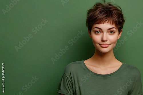 Smiling young woman with short brown hair, wearing green shirt, green background 