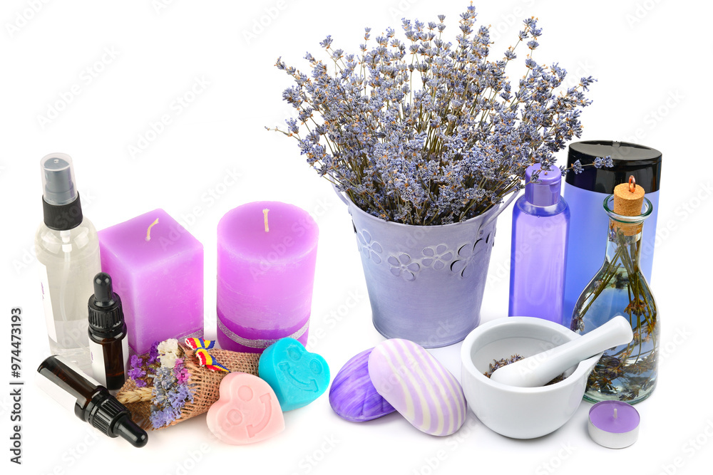Lavender candle, soap, oil and lotion, isolated on white. Collage. Lavender candle, soap, oil and lotion, isolated on white. Collage.