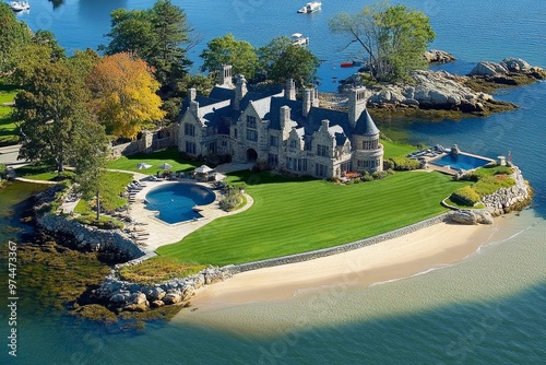 Aerial view of the most beautiful mansion in New England with an island, lawn, and beach area, a pool, stone walls, a luxury home on the water with a grassy yard and a sandy