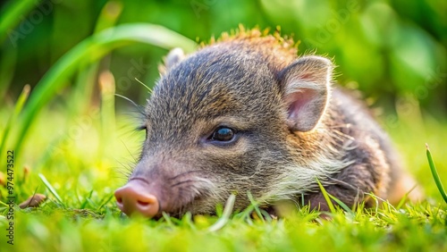 Adorable newborn peccary joey curls up in grass, showcasing soft fur, tiny eyes, and endearing snout, symbolizing innocence and vulnerable cuteness in wildlife.