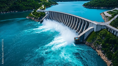 An aerial view captures the powerful flow of water over the spillway of a massive dam.