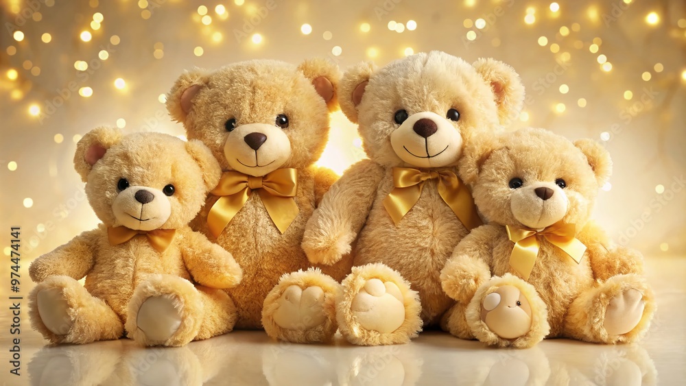 Adorable plush golden teddy bears with shiny fur and sweet expressions sit atop a soft, creamy-white background surrounded by subtle, warm lighting. Adorable plush golden teddy bears with shiny fur and sweet expressions sit atop a soft, creamy-white background surrounded by subtle, warm lighting.