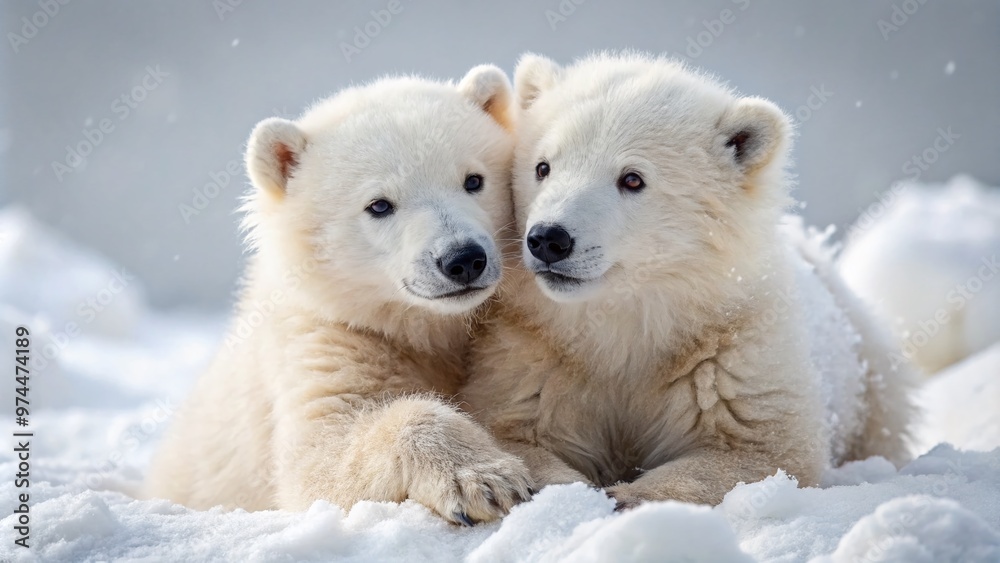 Adorable polar bear cubs snuggle and play in the snow, their fluffy white fur and cute facial expressions capturing the essence of Arctic cuteness. Adorable polar bear cubs snuggle and play in the snow, their fluffy white fur and cute facial expressions capturing the essence of Arctic cuteness.