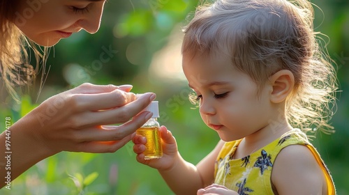 mother applies insect spray to the child. Selective focus