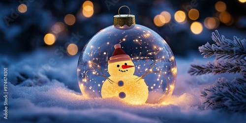 Christmas Ornament with Snowman Figurine and Glowing Lights in Snowy Winter Holiday Scene