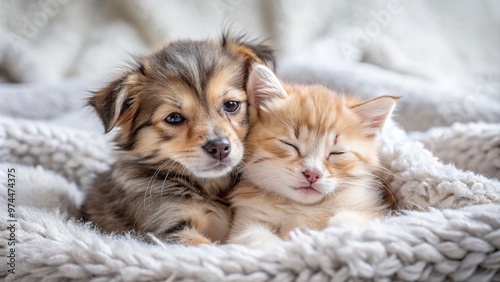 Adorable puppy tenderly hugs a fluffy kitten, both snuggled up together on a soft blanket, exuding warmth and friendship in this heartwarming moment. photo