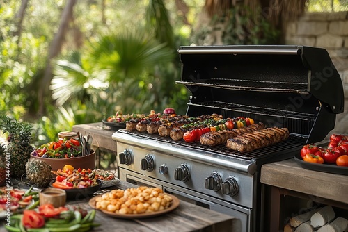 allamerican backyard barbecue scene with a gleaming stainless steel grill colorful side dishes and patriotic decorations on a picnic table photo