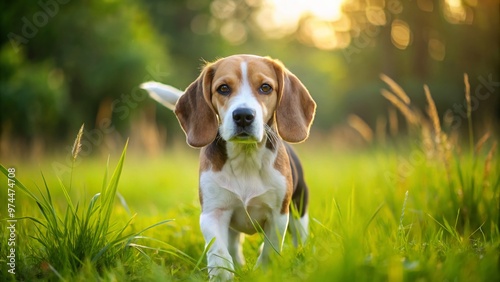 Adorable short-legged beagle with floppy ears and a curious expression explores a lush green meadow, its stumpy legs moving swiftly despite its compact size. photo