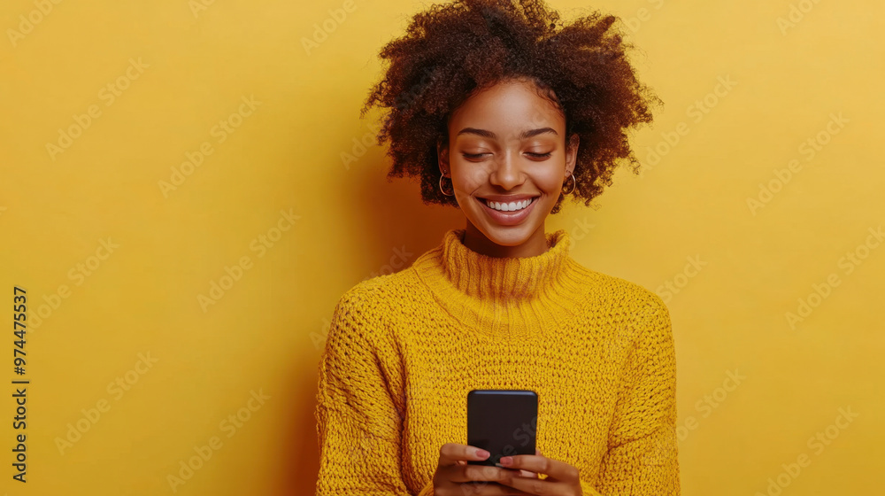 Online Shopping Woman, A dark-skinned woman in a yellow sweater happily shops online using her mobile phone, enjoying fast unlimited internet, and smiling pleasantly Online Shopping Woman, A dark-skinned woman in a yellow sweater happily shops online using her mobile phone, enjoying fast unlimited internet, and smiling pleasantly