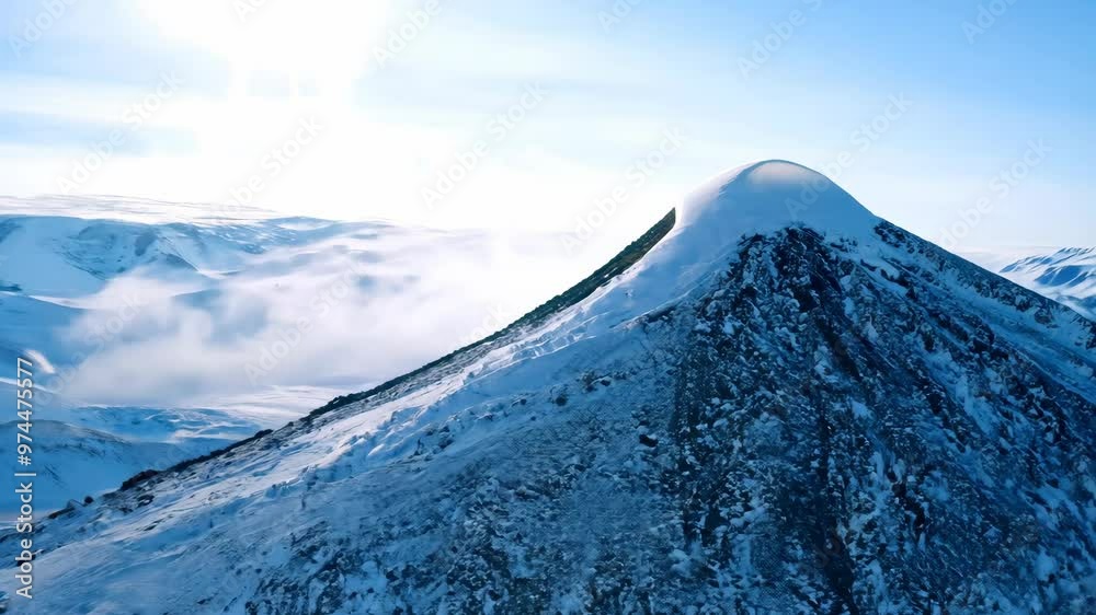 The camera flies around a snow-covered volcano, highlighting the contrast between the bright white snow and the rocky terrain in natural light
. The camera flies around a snow-covered volcano, highlighting the contrast between the bright white snow and the rocky terrain in natural light
.