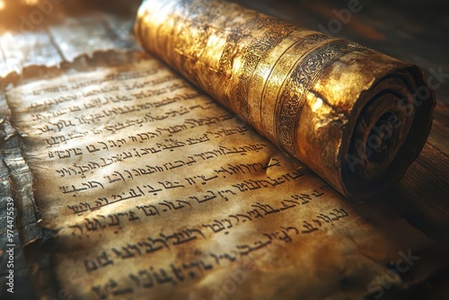 ancient hebrew scroll illuminated parchment with intricate calligraphy golden light reveals faded ink worn edges mystical symbols and prophetic text sepia tones textured background