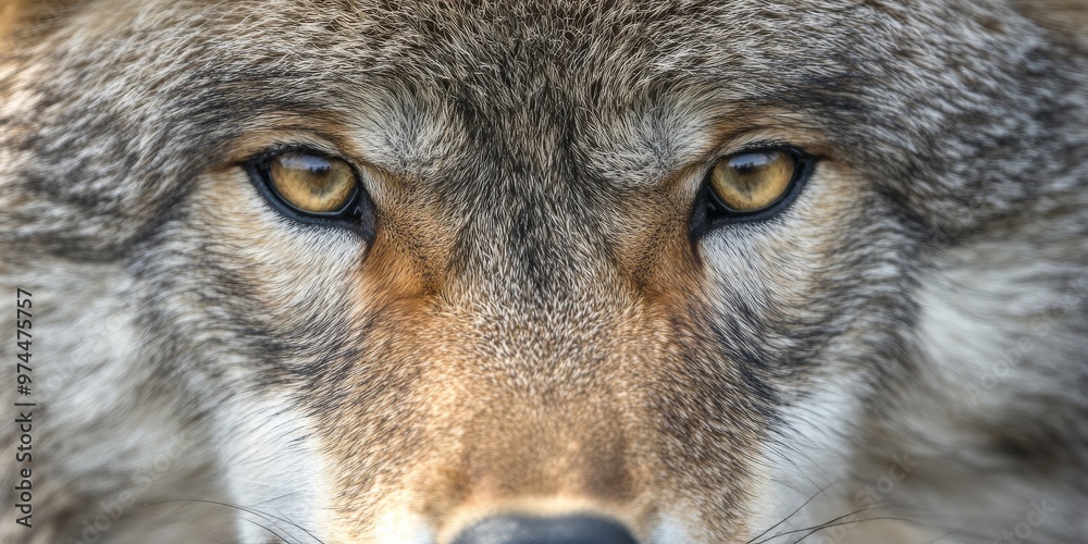 Obraz premium Golden-eyed wolf in a stunning close-up, highlighting its intense gaze and the wild nature of the majestic animal