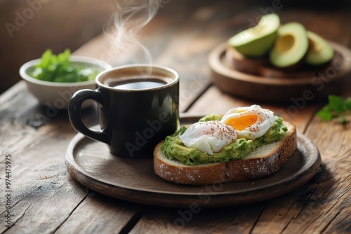 A cozy breakfast scene featuring avocado toast with a poached egg and a cup of coffee. photo