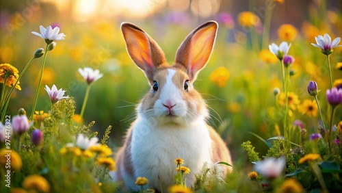 Adorable white and orange rabbit with long ears and whiskers sits in a lush green meadow surrounded by colorful wildflowers, looking curious and friendly. photo