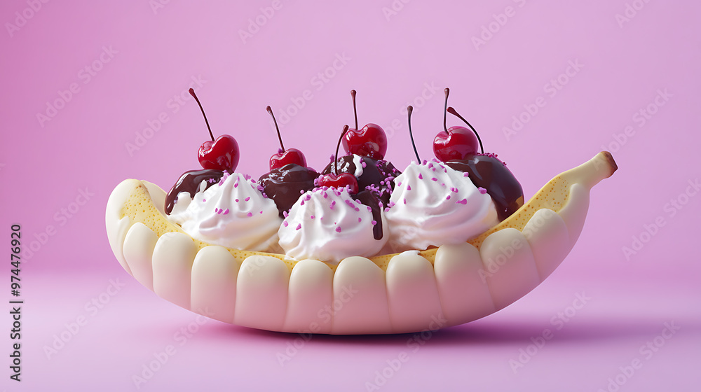 Banana split with chocolate syrup and cherries
Banana split with chocolate syrup and cherries