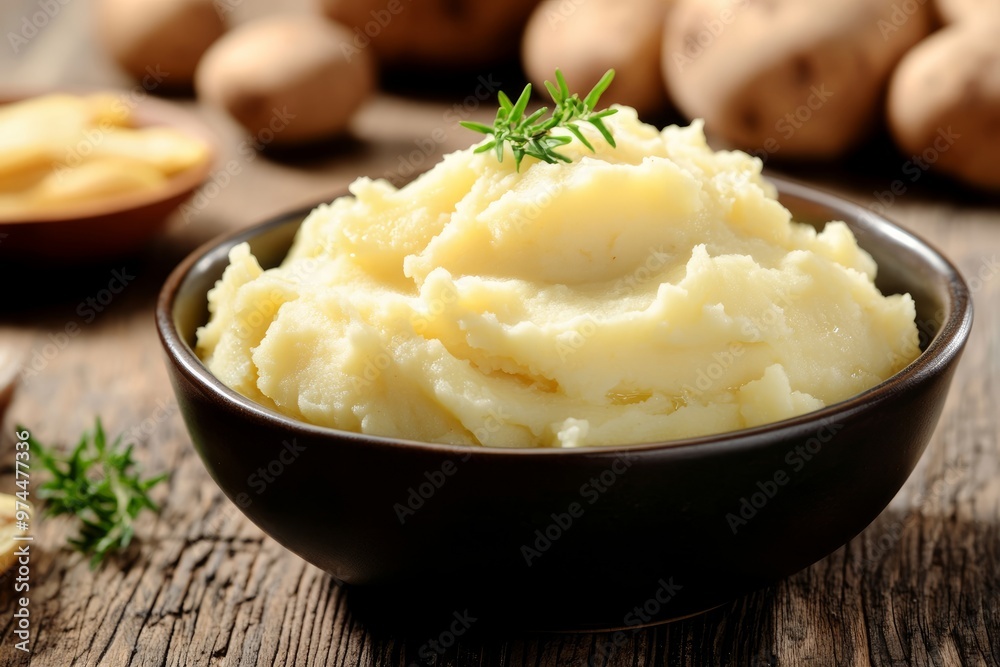 Mashed potatoes, boiled puree in white bowl on wooden background. Healthy comfort food. Close up view