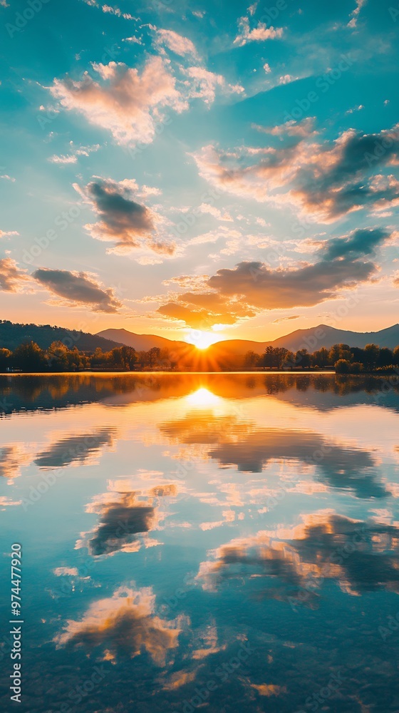 Golden Sunset Reflected in Still Lake Water. Golden Sunset Reflected in Still Lake Water.