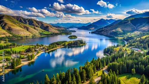 Aerial view of serene Lake Chelan, surrounded by lush forests and rolling hills, in the scenic heart of Washington State's Cascade Range.