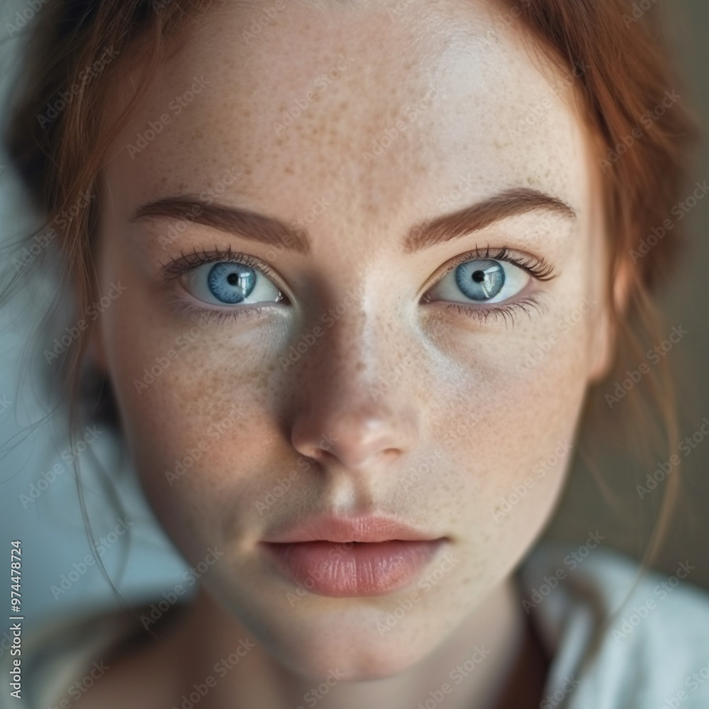 Portrait of beautiful young woman with blue eyes and red hair ...