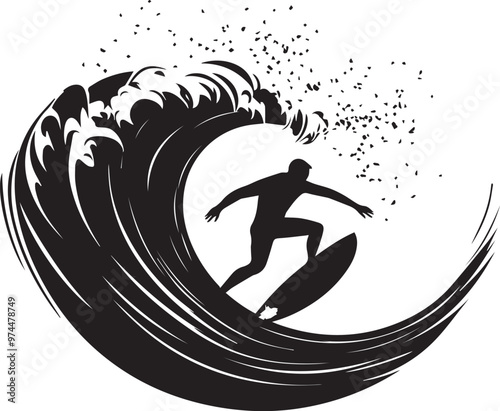 Surfer riding massive wave silhouette