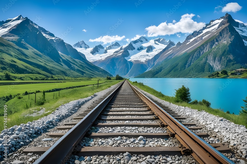 Railroad Tracks Leading to Mountains and Lake. Railroad Tracks Leading to Mountains and Lake.