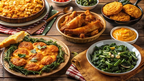 A festive table setting featuring traditional African American Thanksgiving dishes, including fried chicken, collard greens, macaroni and cheese, and sweet potato pie. photo