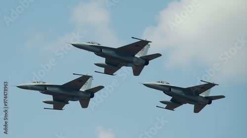 Closeup view of fighter jets in formation during air show